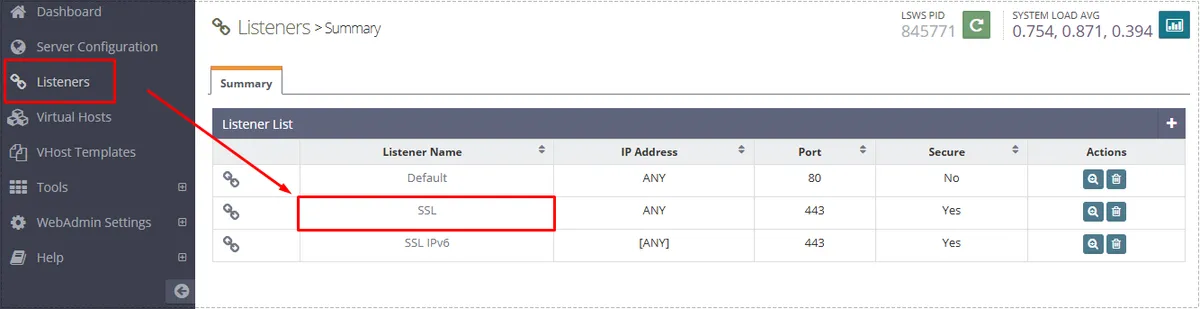 WebAdmin Console 접속 후 Listeners 메뉴 선택 그 다음 SSL 선택