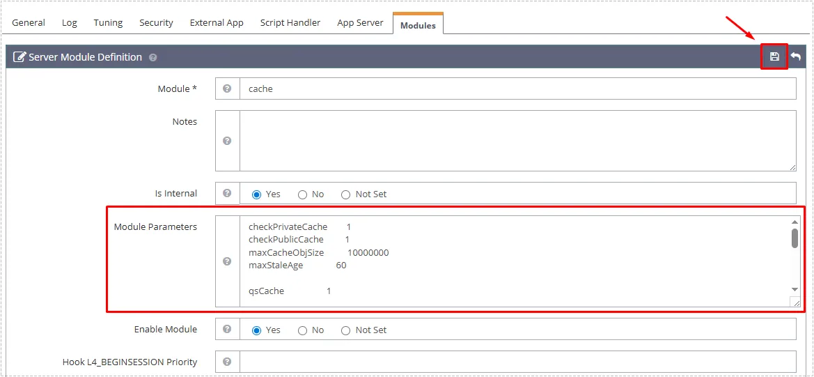 OpenLiteSpeed 서버 수준 캐시 설정값을 추가하는 모습