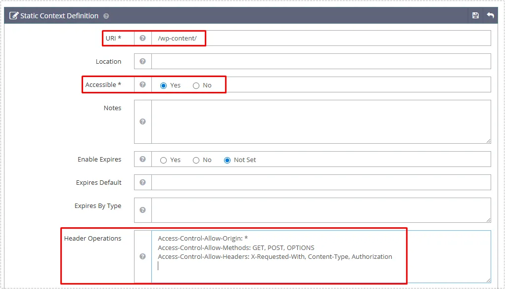 Static Context Definition에 CORS 오류해결하는 설정 추가