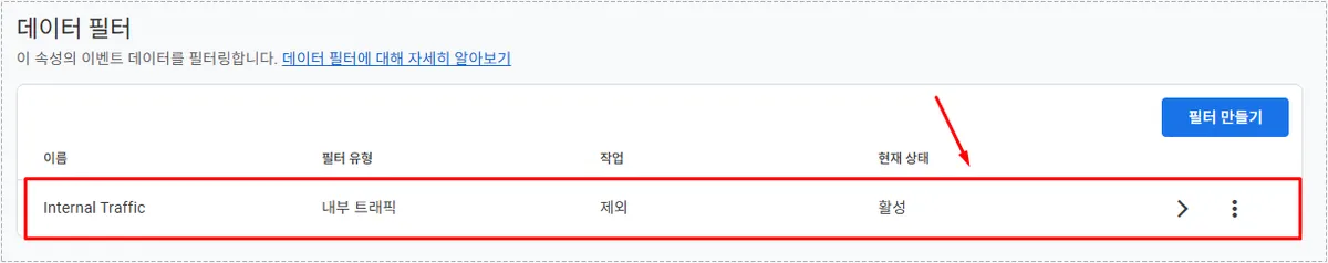 데이터 필터 설정에서 생성된 필터 목록