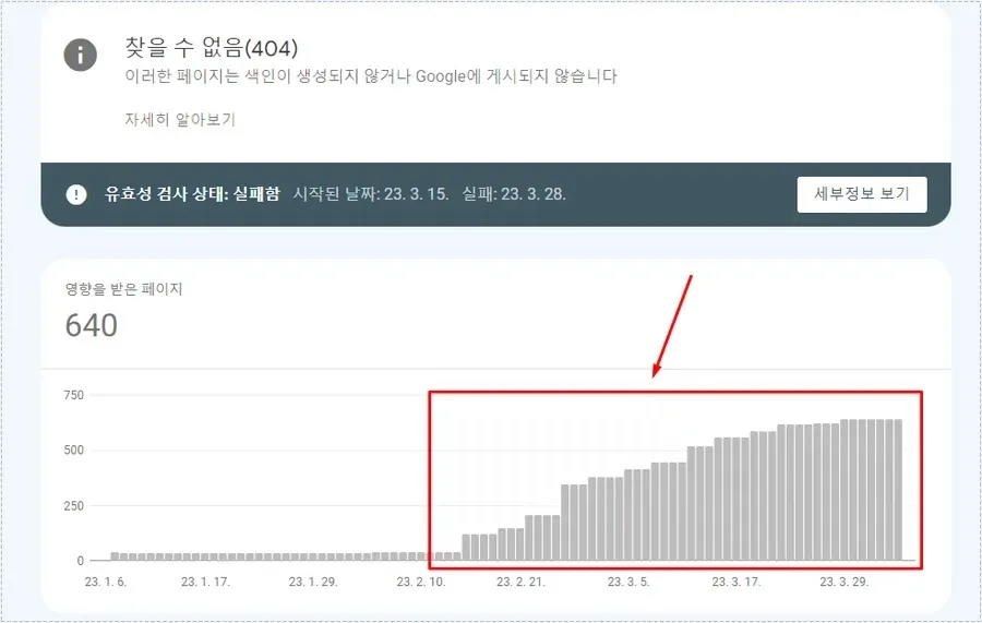 구글 서치콘솔 404 오류 및 색인 문제 화면