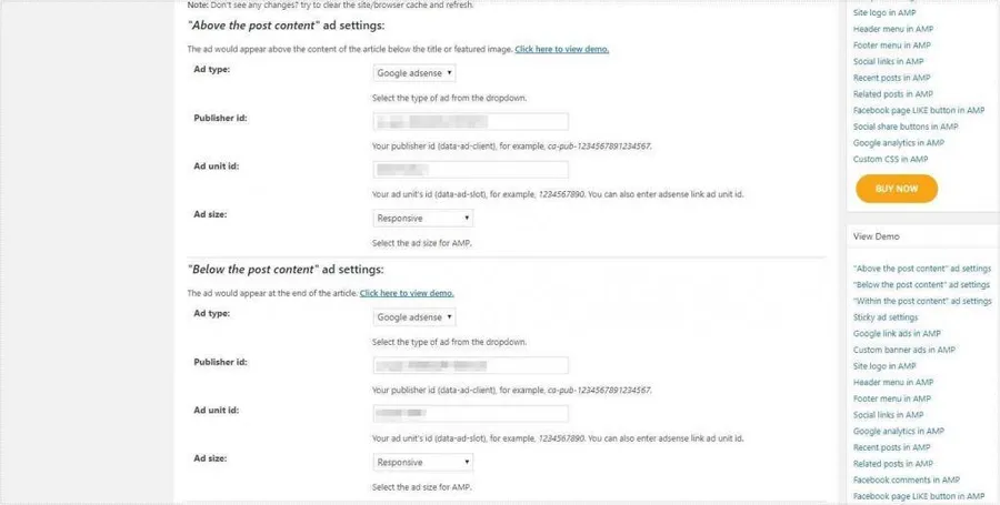 AMP for WP 애드센스 설정 화면