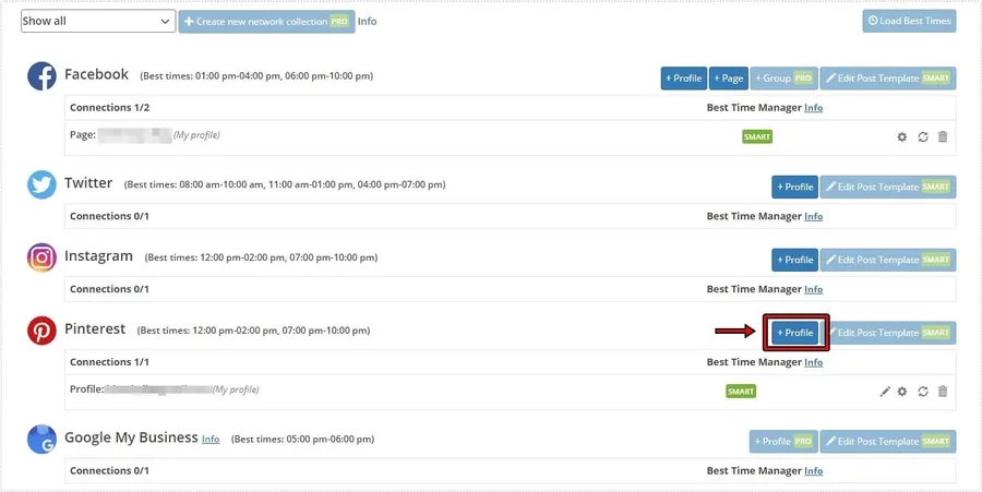 워드프레스 Blog2Social SNS 연결 상태 설정 화면