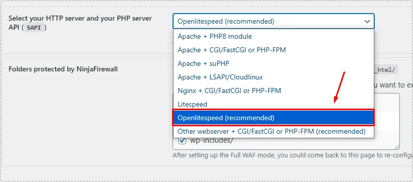 NinjaFirewall 설정에서 OpenLiteSpeed recommended 옵션을 선택하는 드롭다운 화면