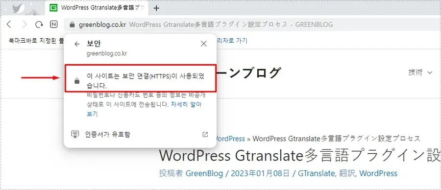 GTranslate 번역 페이지 HTTPS 보안 연결 확인 화면