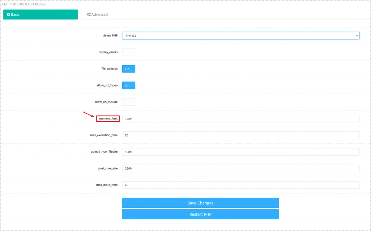 워드프레스 글 추가 오류 해결을 위한 PHP 메모리 제한 설정 화면