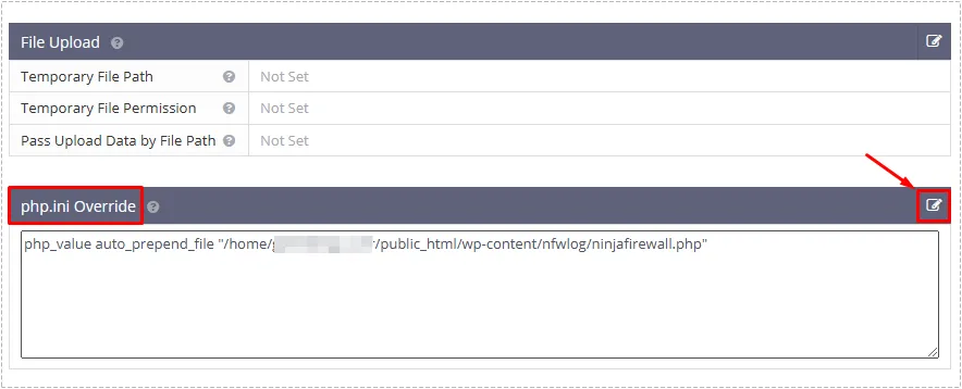 OpenLiteSpeed php.ini Override에 NinjaFirewall 경로를 입력한 설정 화면
