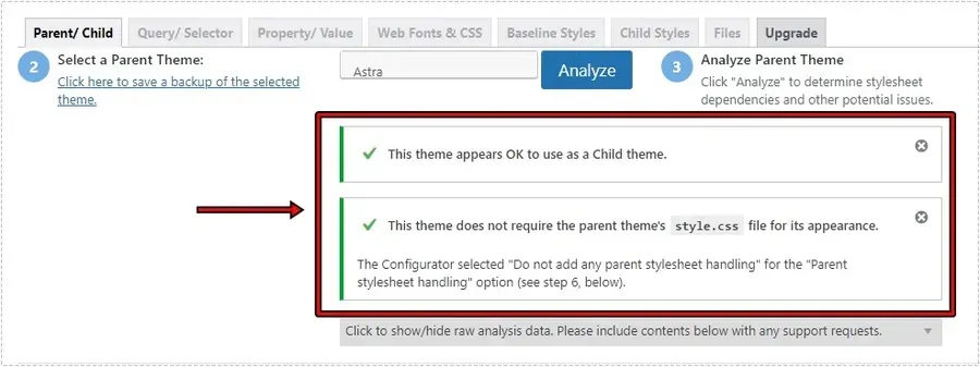 워드프레스 Child Theme Configurator 자식 테마 생성 가능 안내 화면