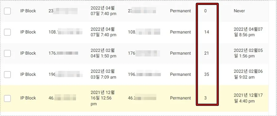 워드프레스 차단된 IP 목록 및 횟수 확인 화면