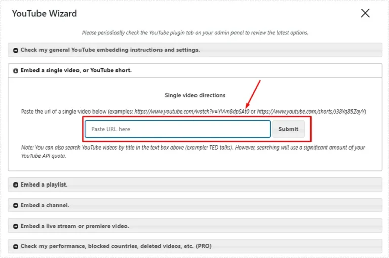 워드프레스 YouTube Wizard URL 입력 화면