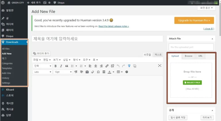 워드프레스 Downloads 메뉴 화면