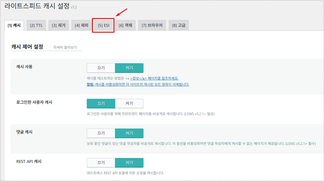 LiteSpeed Cache 플러그인 ESI 설정 메뉴 화면