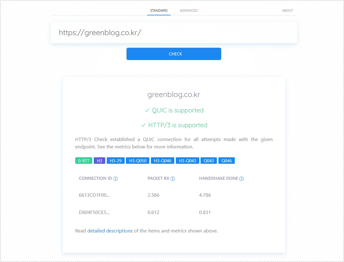 Openlitespeed HTTP/3 test result showing QUIC support enabled on OpenLiteSpeed server