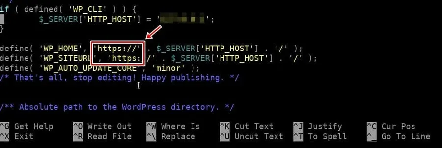 wp-config.php WP_HOME WP_SITEURL HTTPS 수정 화면