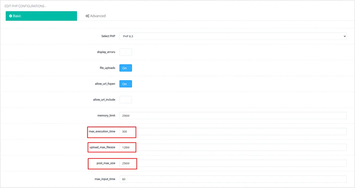 CyberPanel PHP configuration screen showing increased upload_max_filesize and post_max_size values