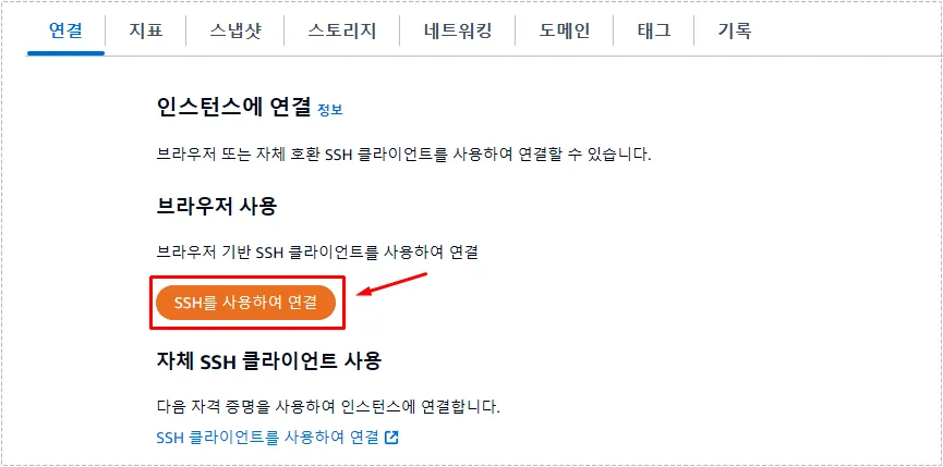 AWS Lightsail SSH 접속 버튼 화면