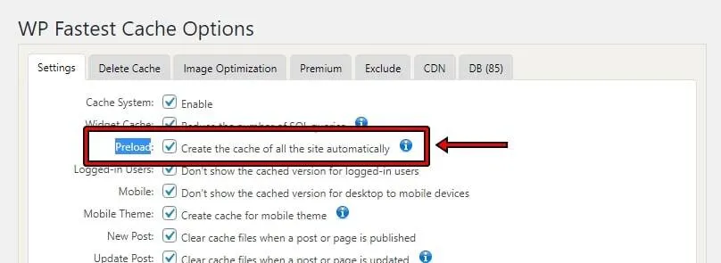 WP Fastest Cache preload 옵션 활성화 화면