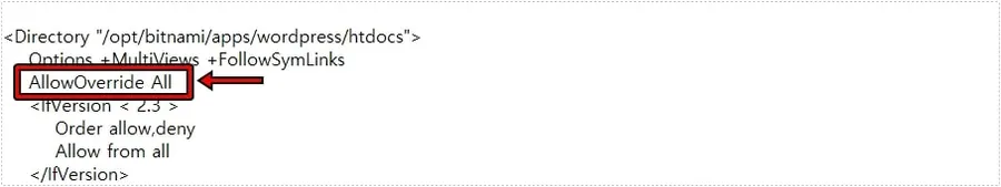 Bitnami AllowOverride All 설정 화면