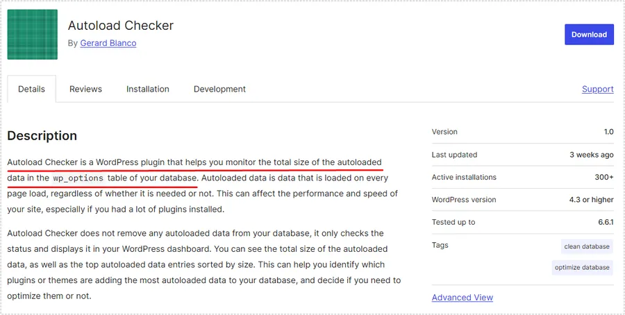 워드프레스 Autoload Checker 플러그인 화면