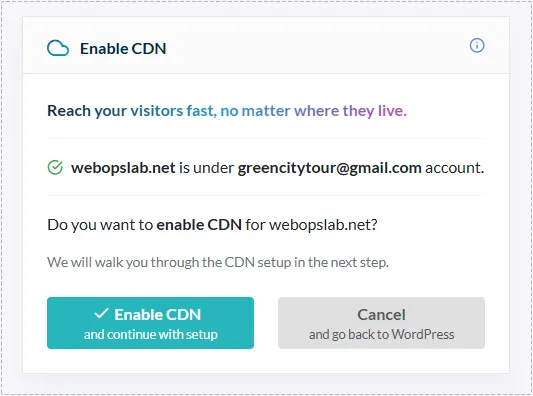 QUIC.cloud dashboard asking to activate CDN service for a connected website