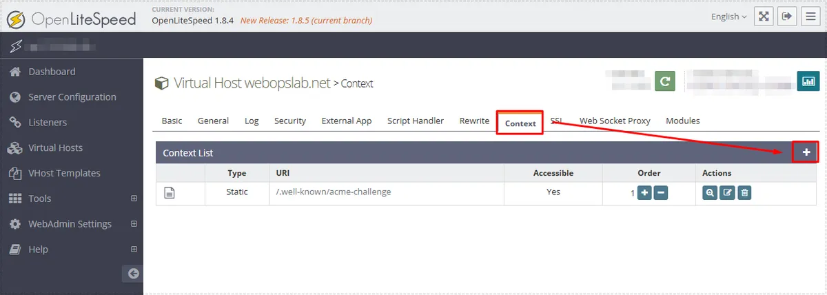 OpenLiteSpeed Context tab with add button highlighted