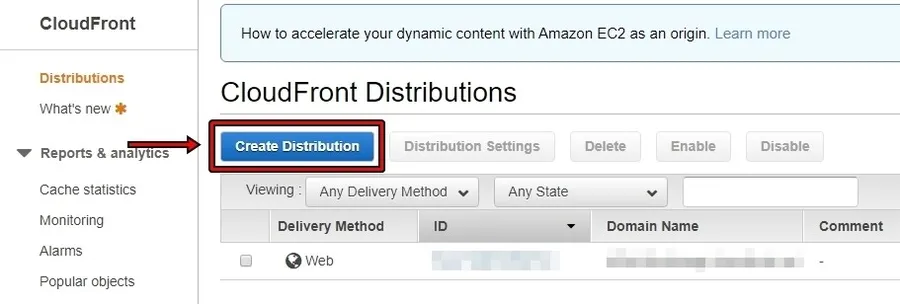 AWS CloudFront Distribution 생성 버튼 화면