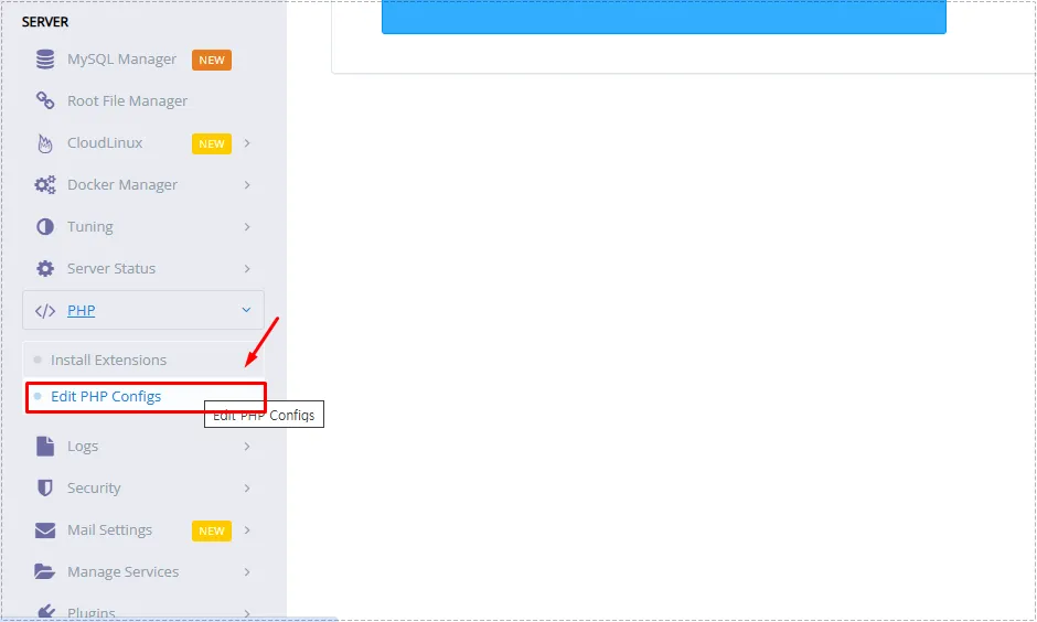 CyberPanel dashboard showing the Edit PHP Configs menu under PHP settings