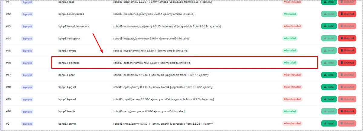 CyberPanel extension list showing OPcache installed for PHP 8.3