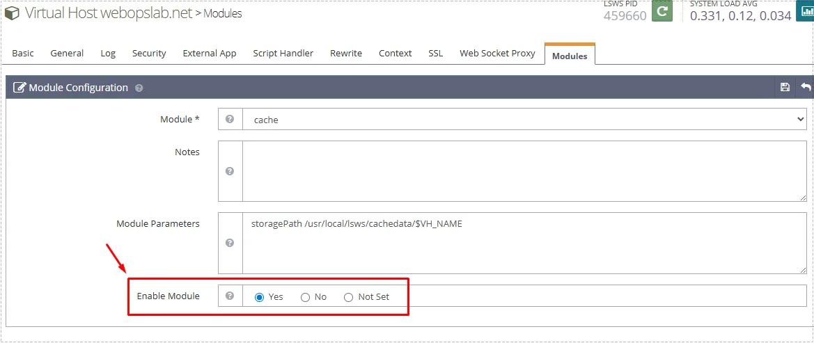Cache module enabled for a virtual host inside OpenLiteSpeed