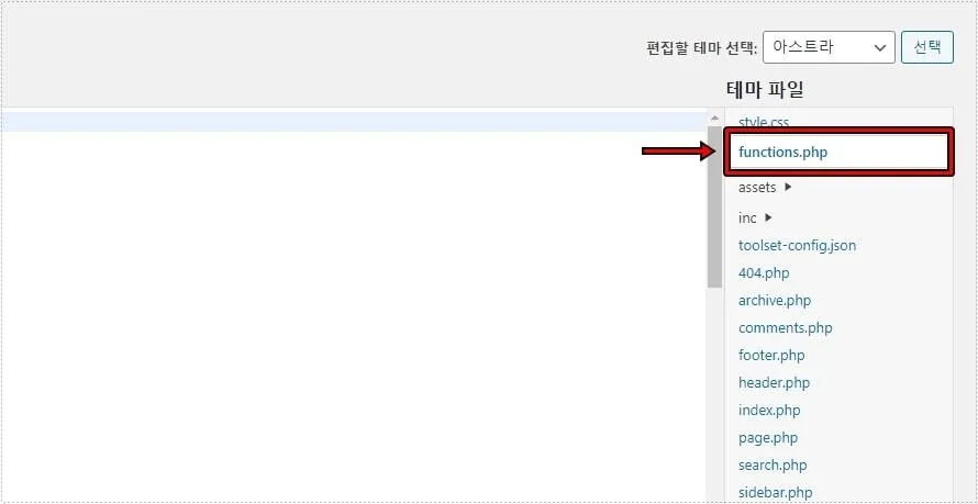 아스트라 functions.php 선택 화면