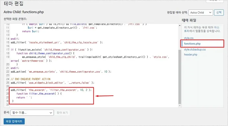 아스트라 테마 발췌 점 제거를 위해 functions.php에 필터 코드를 추가한 화면