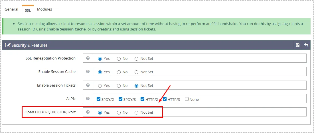 OpenLiteSpeed HTTP3 QUIC UDP port option enabled in WebAdmin