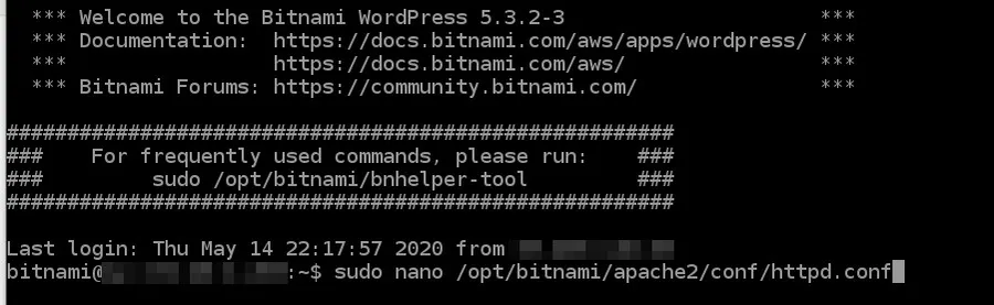 SSH 환경에서 Apache 설정 파일을 nano 편집기로 여는 화면