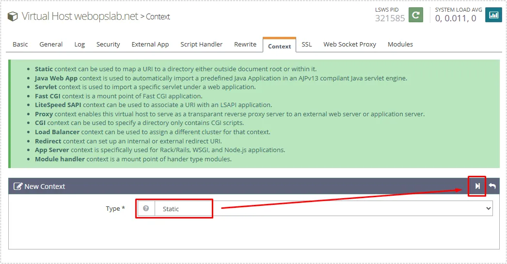 OpenLiteSpeed new static context creation screen