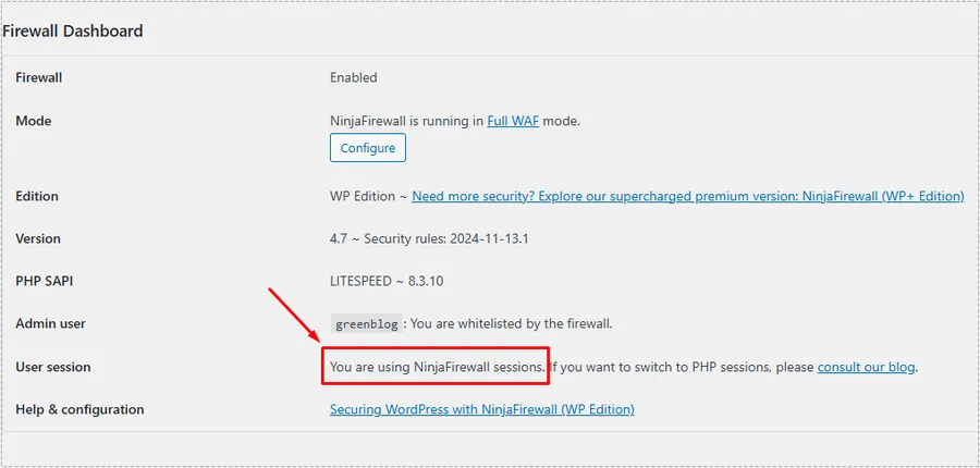 NinjaFirewall sessions 활성화 상태 확인 화면