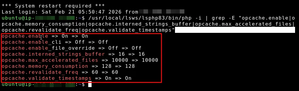 SSH command results displaying OPcache memory and cache settings
