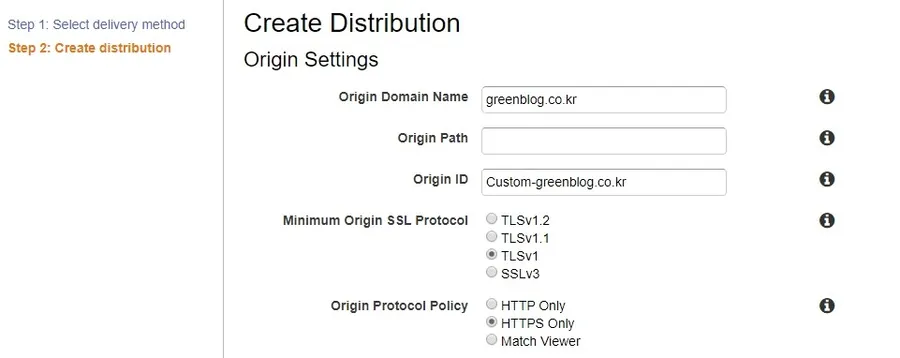 CloudFront Origin 설정과 HTTPS Only 구성 화면