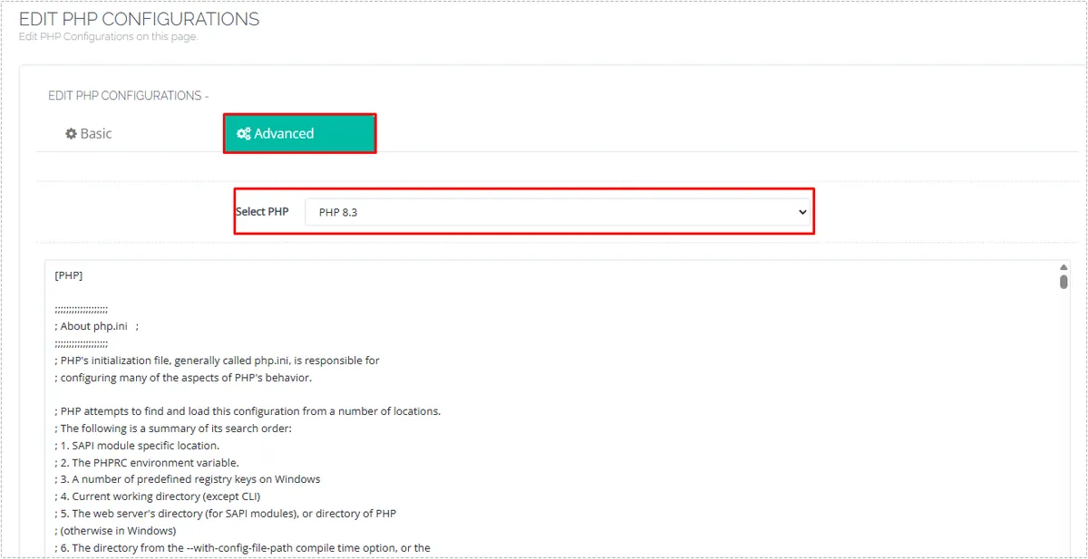CyberPanel advanced PHP configuration page with PHP 8.3 selected