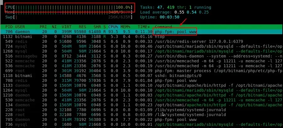 라이트세일 CPU 과부하 php-fpm htop 화면