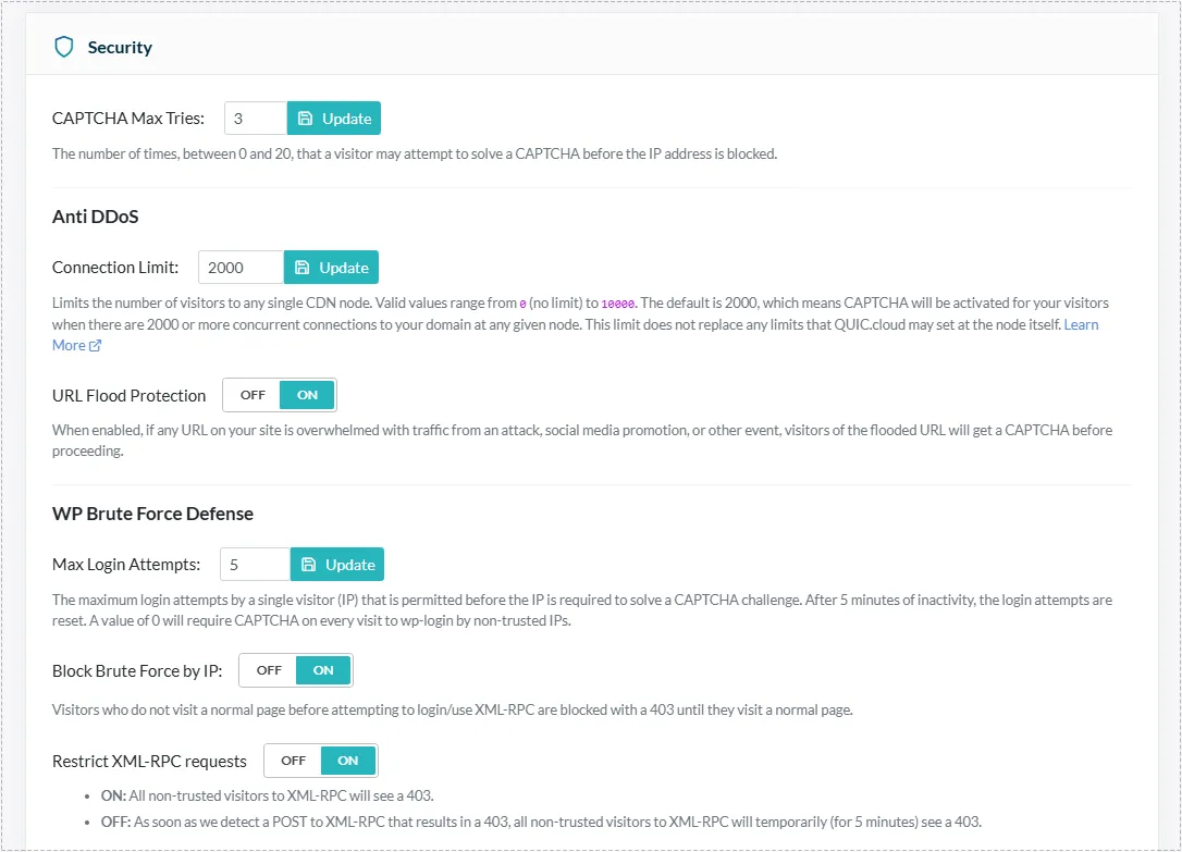 QUIC.cloud security settings including DDoS protection and request filtering