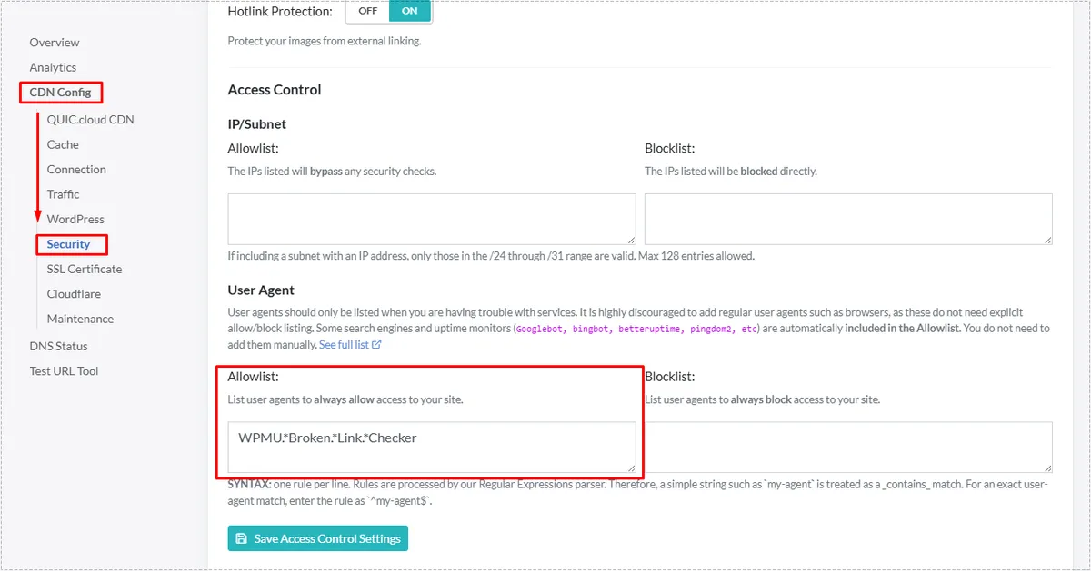 QUIC.cloud User Agent Allowlist configuration allowing Broken Link Checker requests