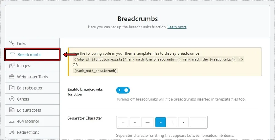 Rank Math SEO 플러그인에서 Breadcrumbs 기능을 활성화하는 워드프레스 설정 화면