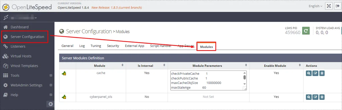 OpenLiteSpeed Server Configuration page showing the Modules tab