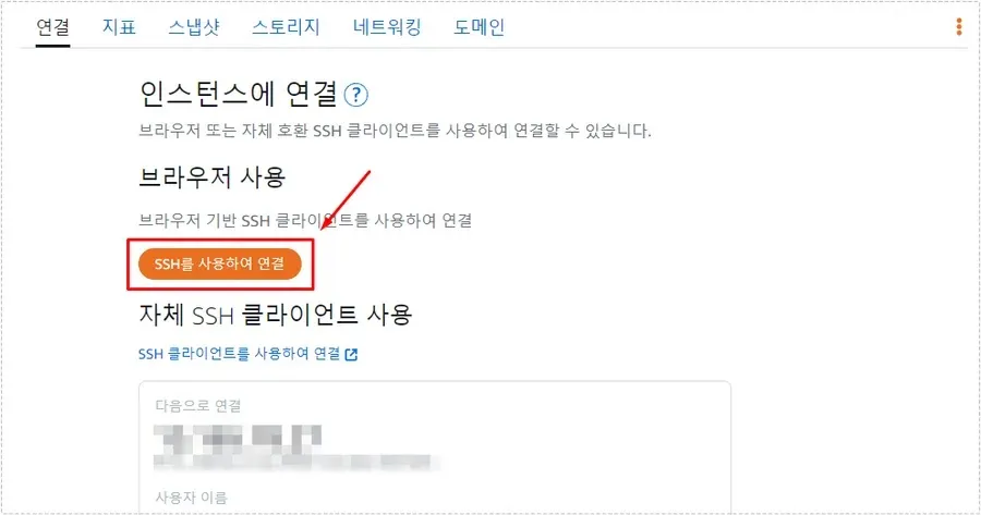 AWS Lightsail에서 SSH를 사용하여 서버에 연결하는 화면