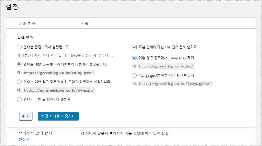 Polylang 번역 플러그인에서 언어별 URL 구조를 설정하는 워드프레스 화면