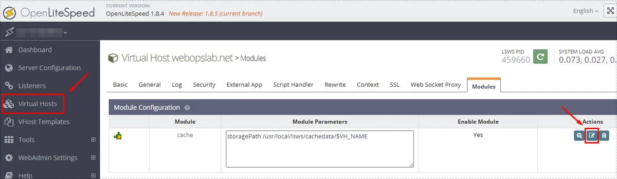 OpenLiteSpeed Virtual Host settings with cache module configuration