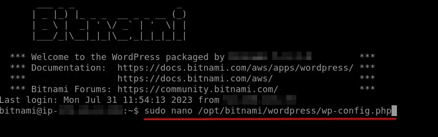 SSH 터미널에서 wp-config.php 파일을 nano 편집기로 여는 명령어