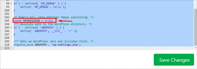 wp-config.php 파일에서 NinjaFirewall sessions 코드 추가 위치 화면