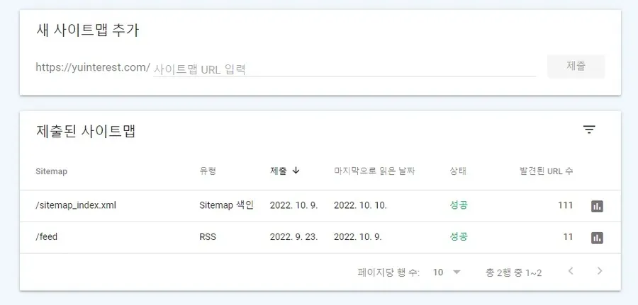 워드프레스 검색 노출 시간 단축을 위한 구글 사이트맵 제출 성공 화면