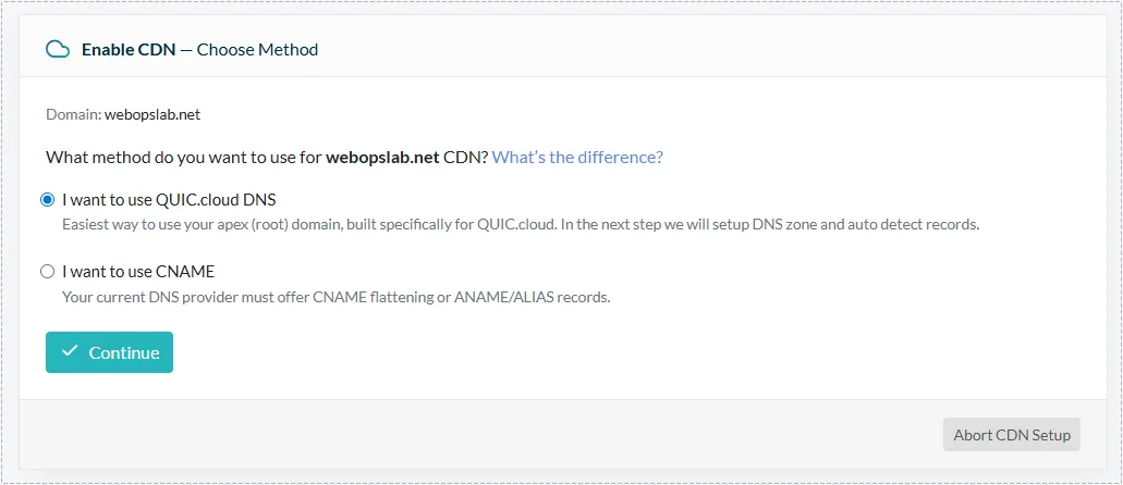 QUIC.cloud setup page offering DNS and CNAME connection methods